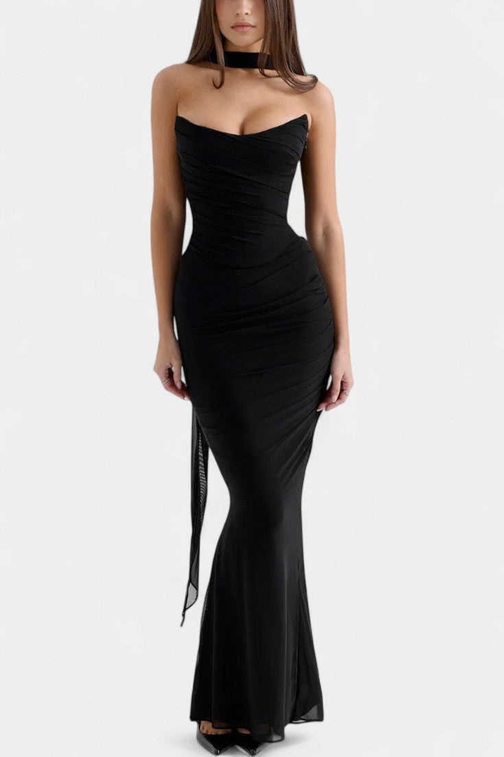 Blair Vestido Maxi de Malla con Corsé Fruncido