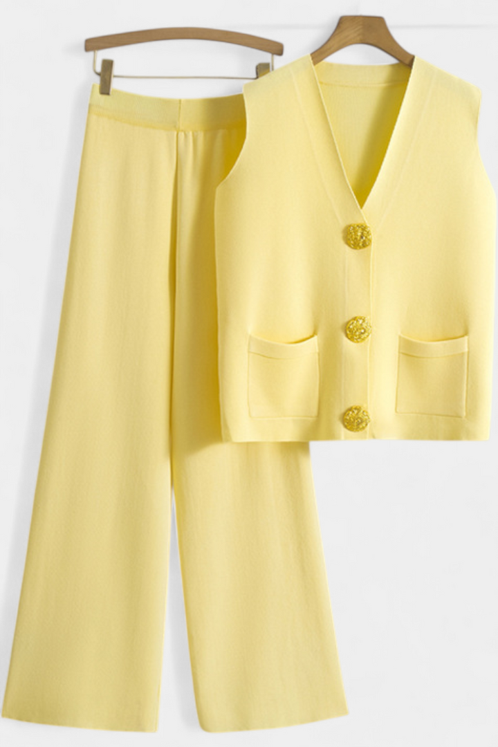 Jacey Conjunto de Punto con Chaleco y Pantalón de Pierna Ancha