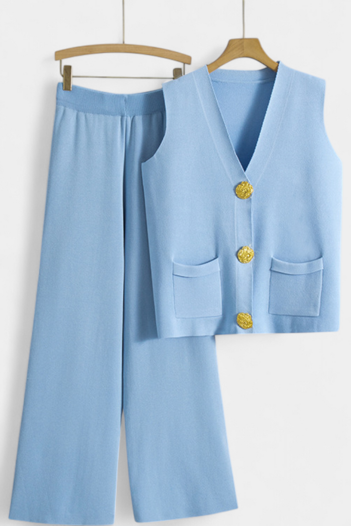 Jacey Conjunto de Punto con Chaleco y Pantalón de Pierna Ancha