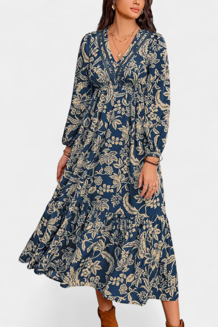 Lunetta Vestido Maxi Bohemio con Estampado Floral y Mangas Farol