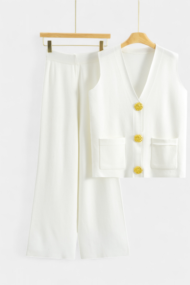 Jacey Conjunto de Punto con Chaleco y Pantalón de Pierna Ancha