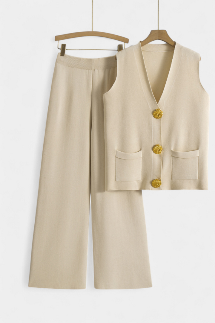 Jacey Conjunto de Punto con Chaleco y Pantalón de Pierna Ancha