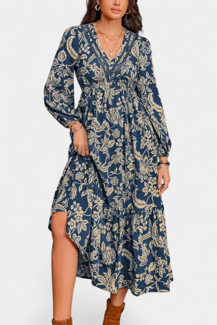 Lunetta Vestido Maxi Bohemio con Estampado Floral y Mangas Farol