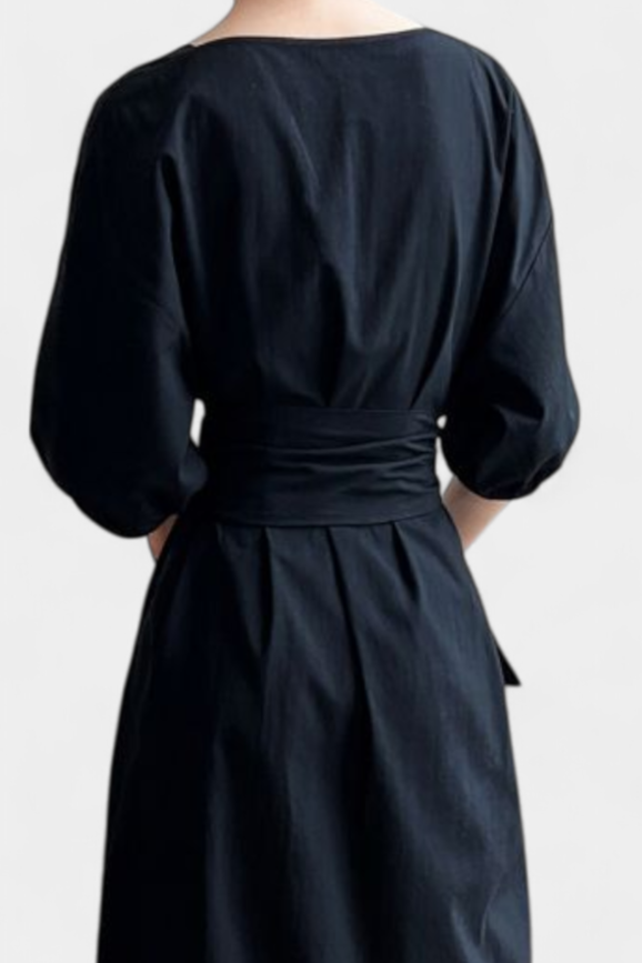 Krisbel Vestido de Lino Algodón con Cintura Anudada