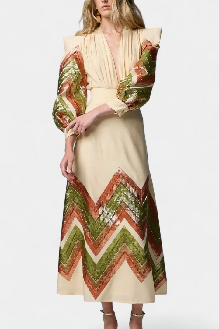 Avenza Conjunto de Body con Mangas Abullonadas y Falda Midi Geométrica