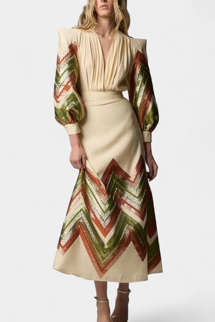 Avenza Conjunto de Body con Mangas Abullonadas y Falda Midi Geométrica