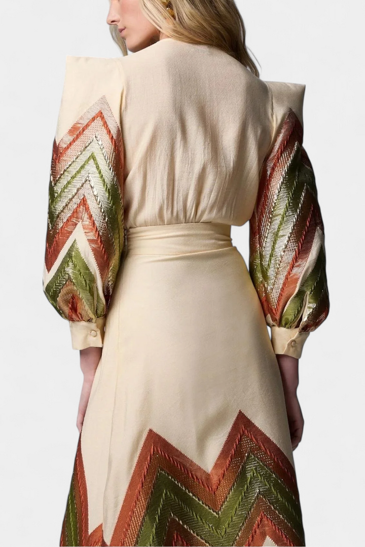 Avenza Conjunto de Body con Mangas Abullonadas y Falda Midi Geométrica