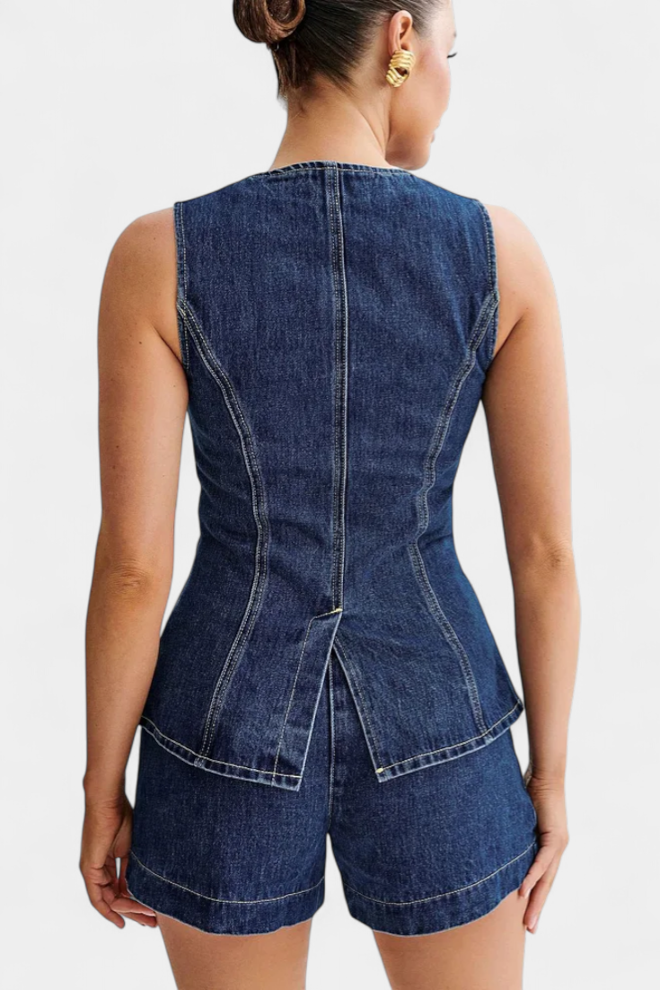 Raya Chaleco Denim sin Mangas y Shorts de Talle Alto