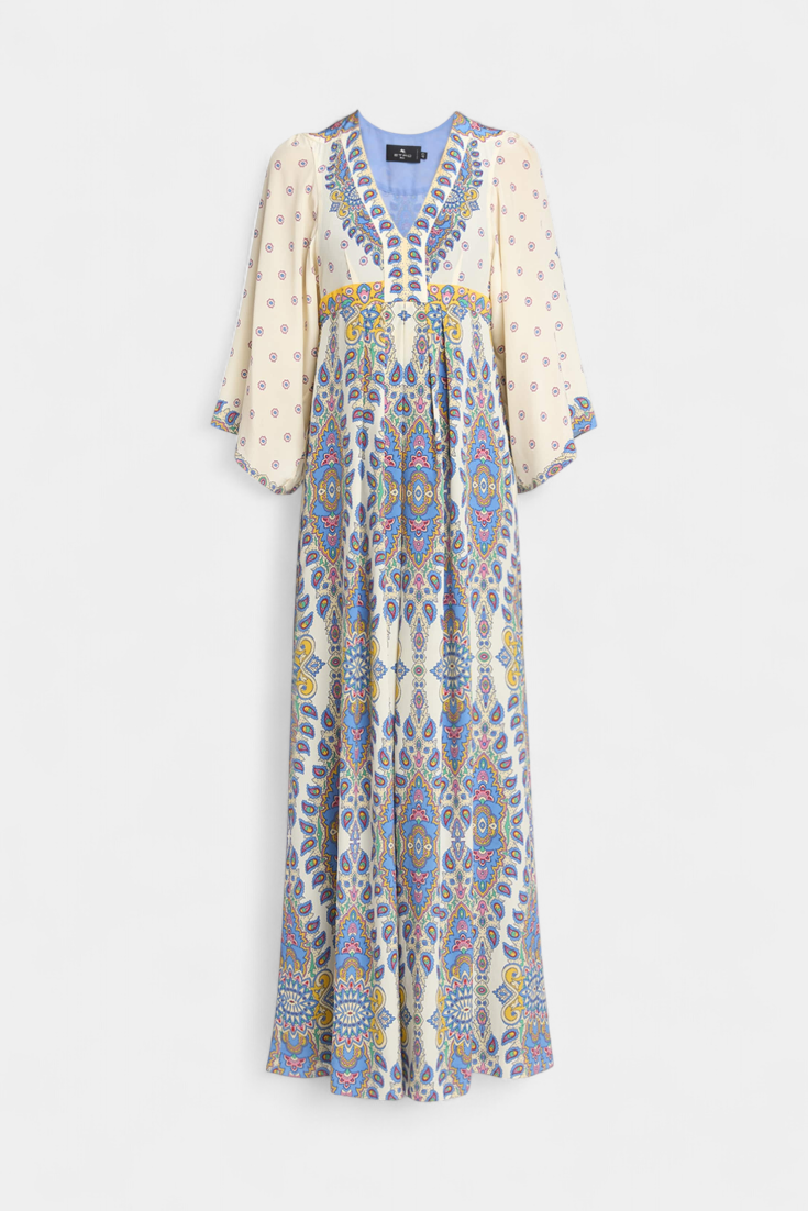 Novia Vestido Largo con Escote en V y Estampado Paisley Elegante