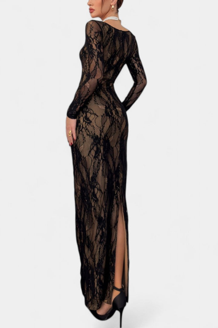 Adoria Vestido Largo de Encaje con Cuello Cuadrado