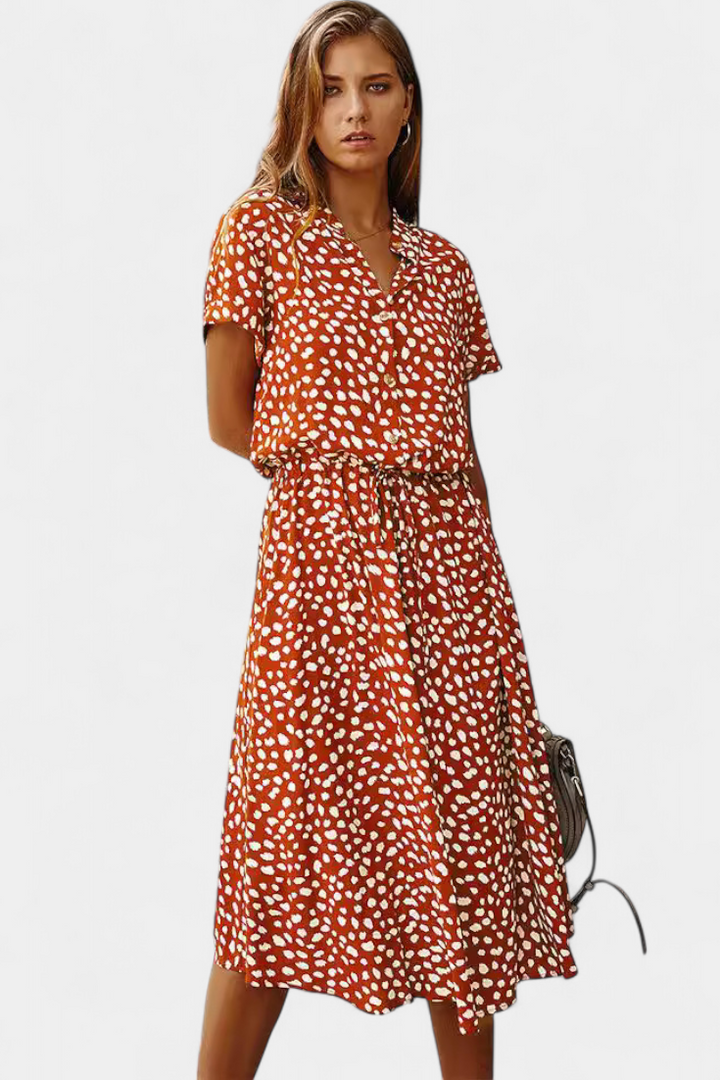 Rovena Vestido Midi de Lunares con Cuello Camisero y Cintura Ajustable