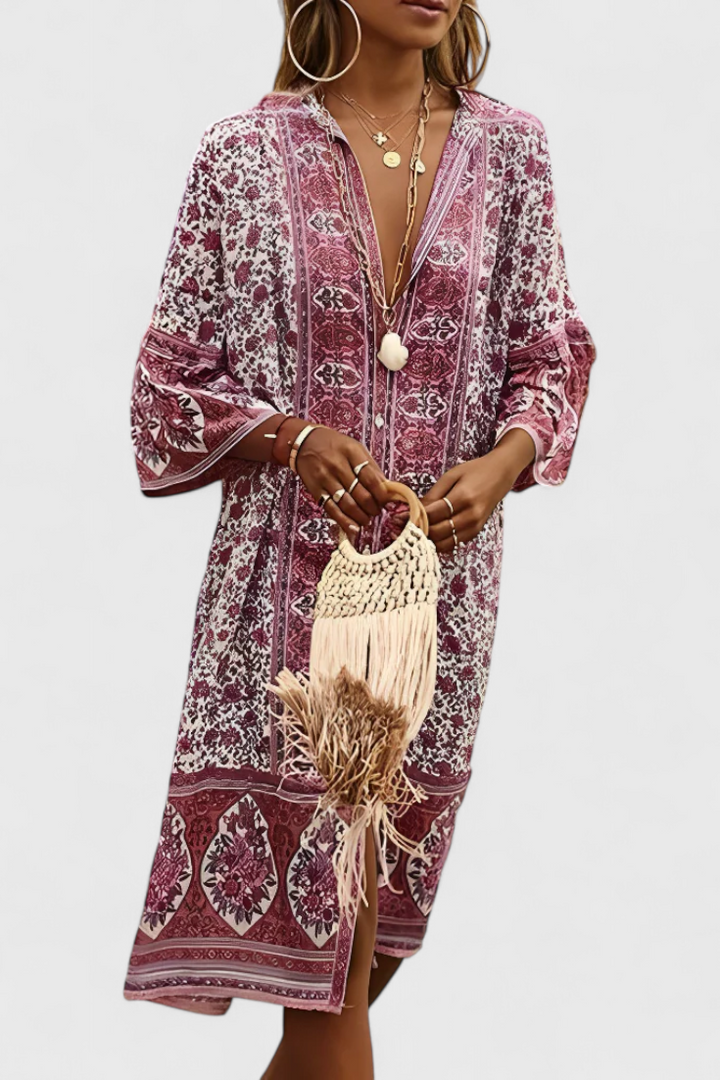 Chinara Vestido Largo Boho con Bordado Étnico y Silueta Relajada