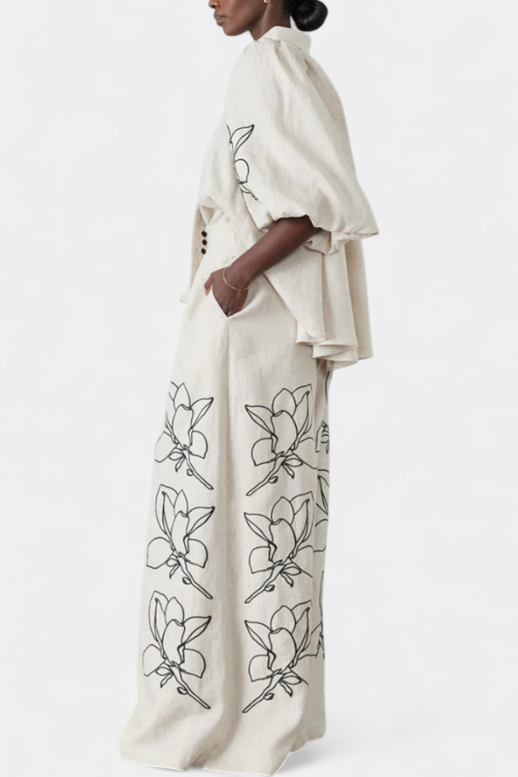 Helen Conjunto Floral de Pantalón Ancho y Manga Globo