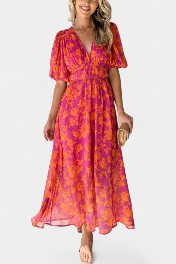 Wren Vestido Midi Floral con Escote en V y Mangas Abullonadas