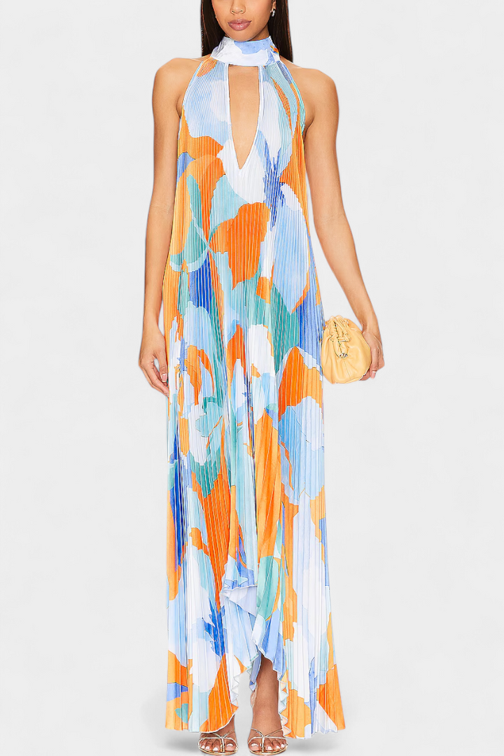 Giselle Vestido Largo Plisado con Escote Halter y Movimiento Elegante