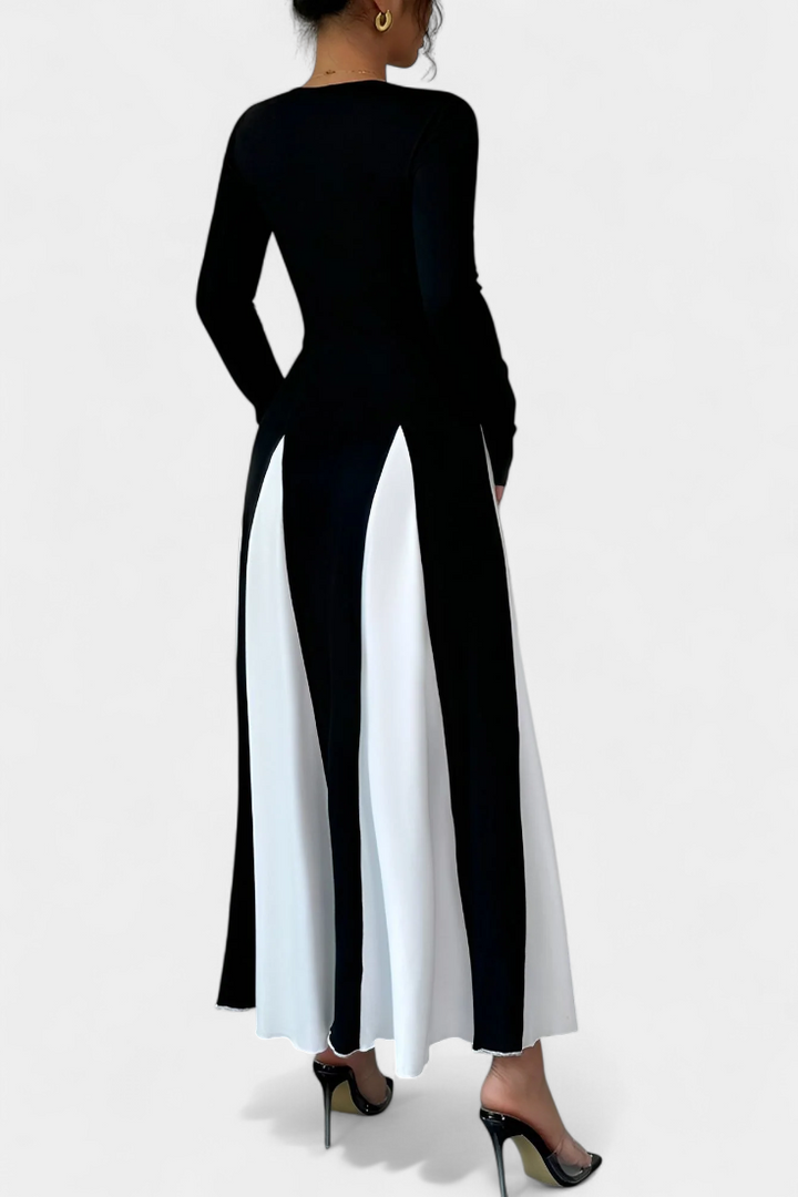 Veronique Vestido Maxi de Manga Larga en Contraste de Color