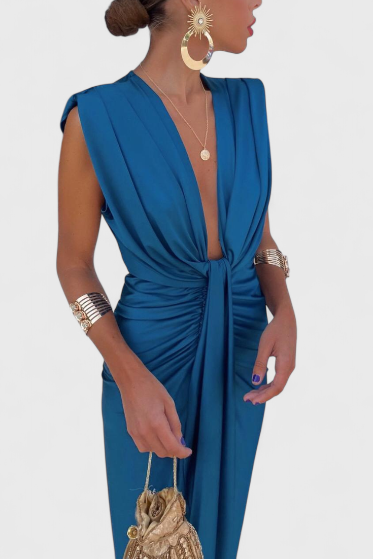 Lakisha Vestido Midi Fruncido con Escote Profundo