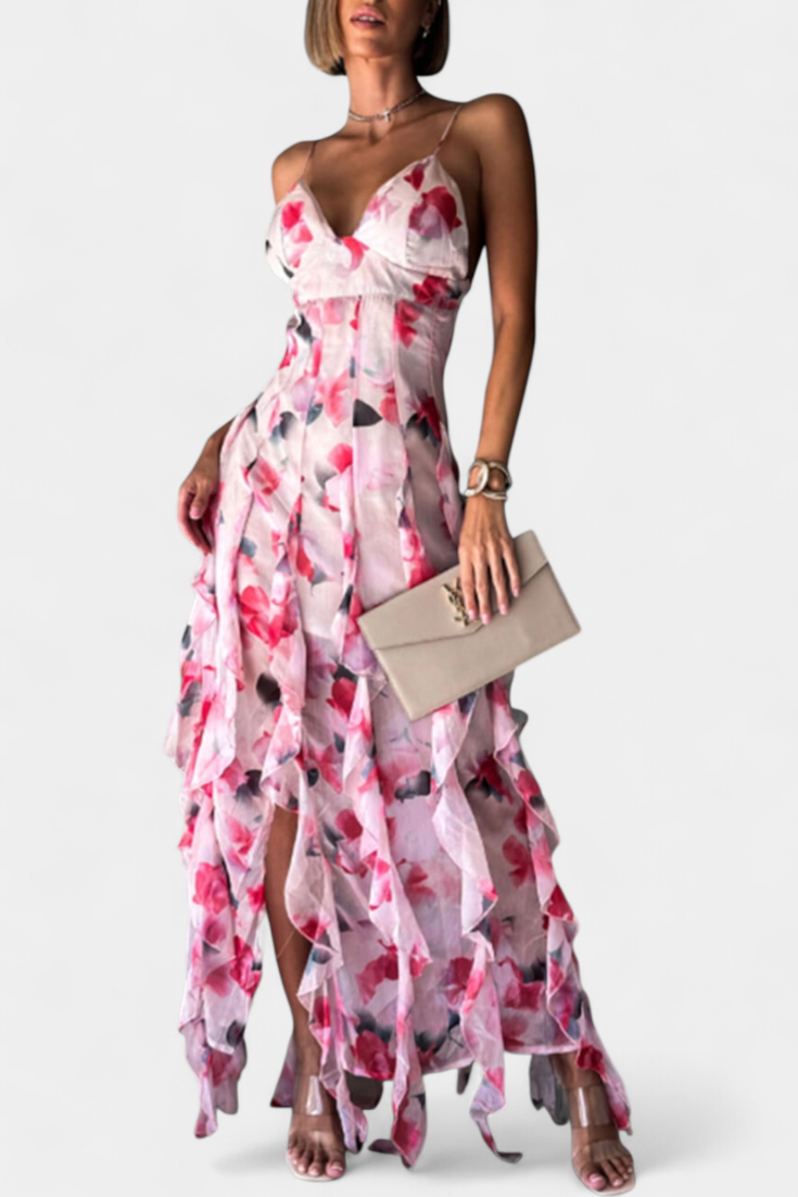 Bonnie Vestido Maxi con Volantes Florales y Corte Lateral