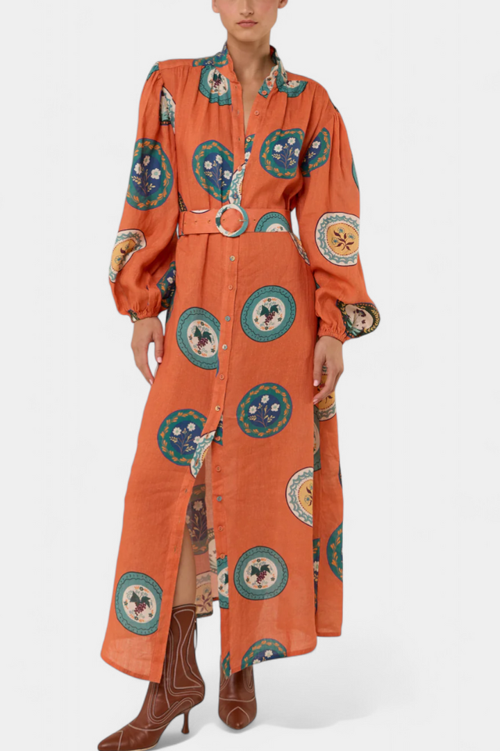 Sibley Vestido Maxi de Lino con Estampado Exclusivo y Cinturón