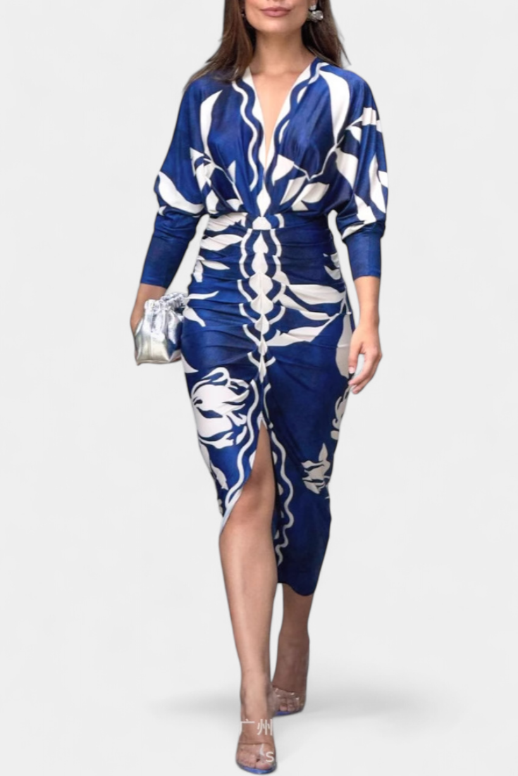 Diva Vestido Largo con Estampado Floral, Escote en V y Abertura Lateral