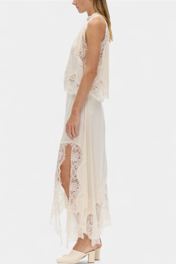 Coralena Conjunto de Falda Midi de Encaje con Dobladillo Asimétrico