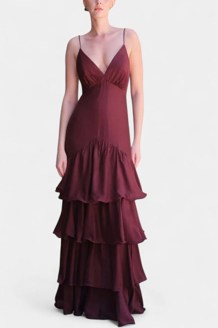 Atlana Vestido Maxi Burdeos con Volantes en Capas
