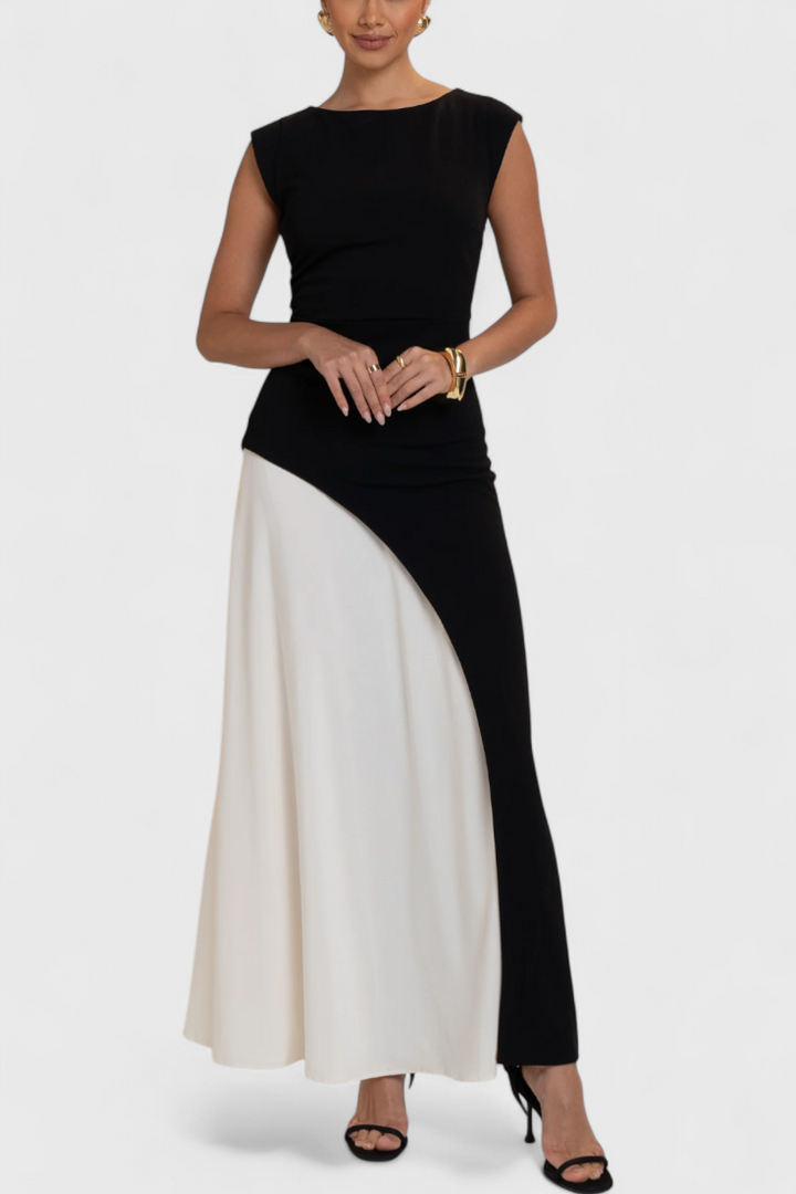 Mallory Vestido Midi Bicolor de Corte Recto y Silueta Definida