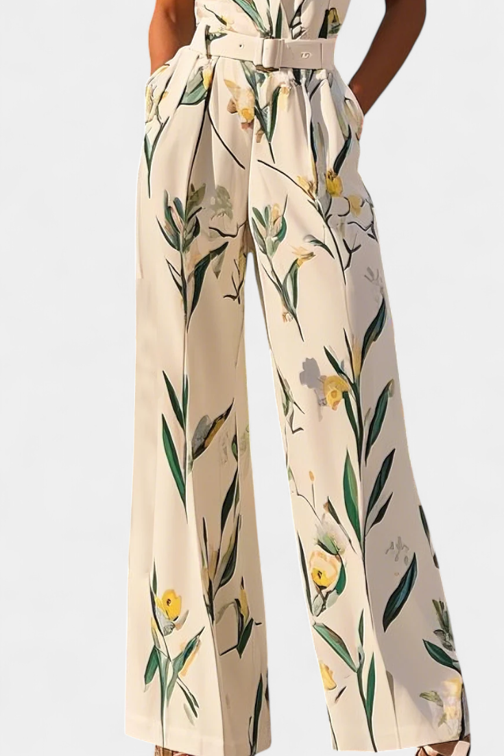 Slara Mono Largo de Vacaciones con Escote en V y Cinturón Ajustable