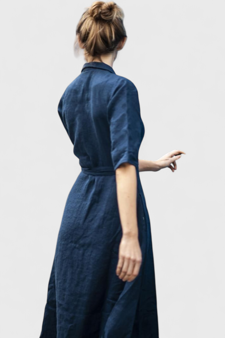 Sharon Vestido Midi Vintage de Algodón y Lino con Cuello de Solapa