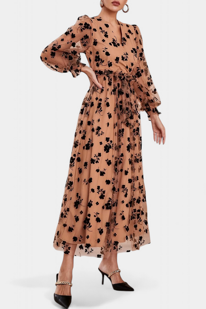 Iolanda Vestido Maxi de Encaje Floral con Mangas de Linterna