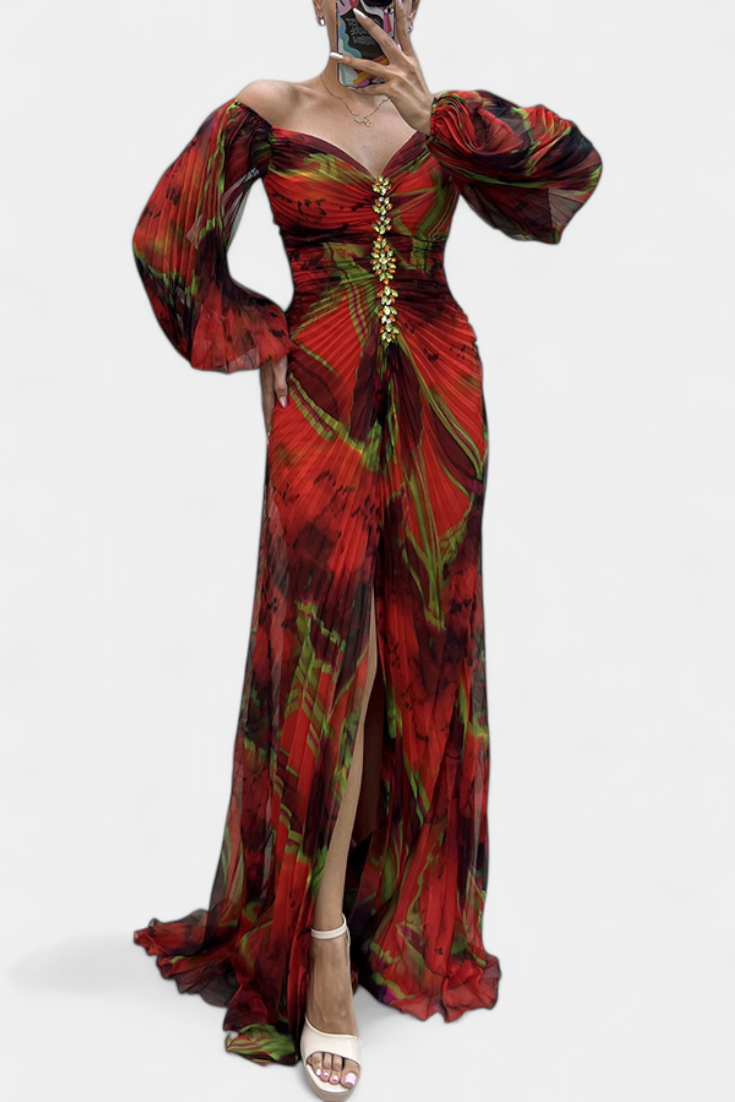 Quintessa Vestido Maxi Plisado con Mangas Largas y Estampado Vibrante