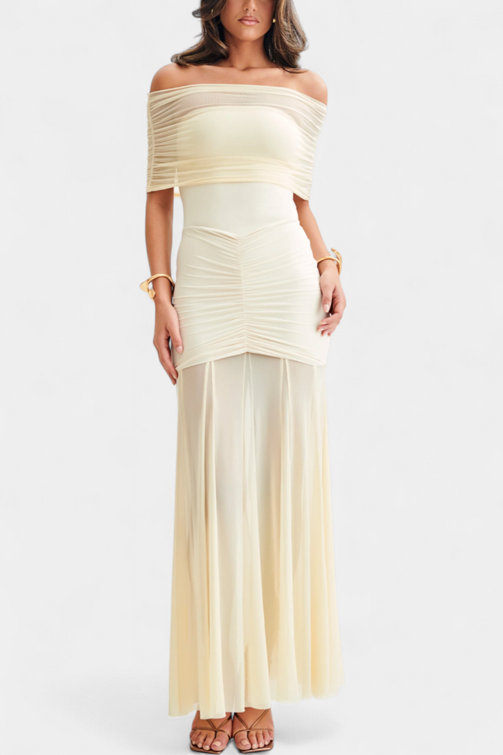 Alodia Vestido Maxi de Hombros con Capa de Malla