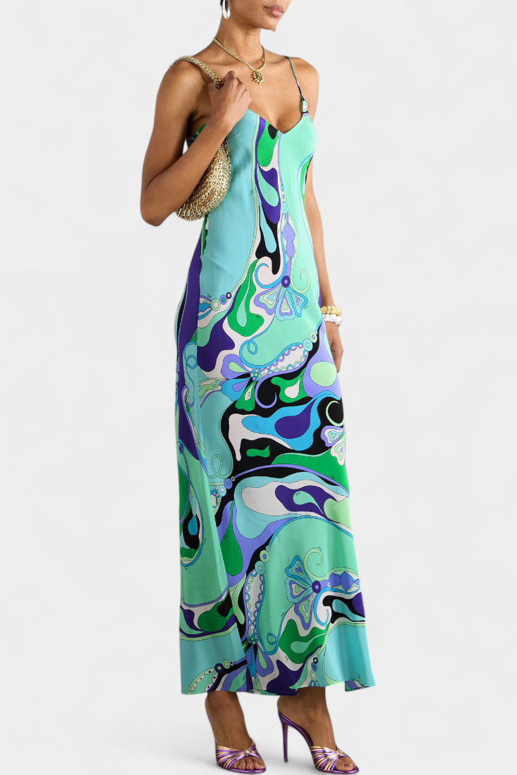 Valera Vestido Largo con Estampado de Remolino y Corte Sin Mangas