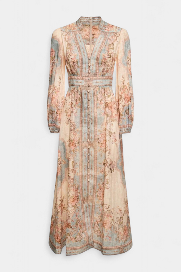 Dorotila Vestido Maxi Acampanado con Estampado Floral, Botones y Mangas Globo