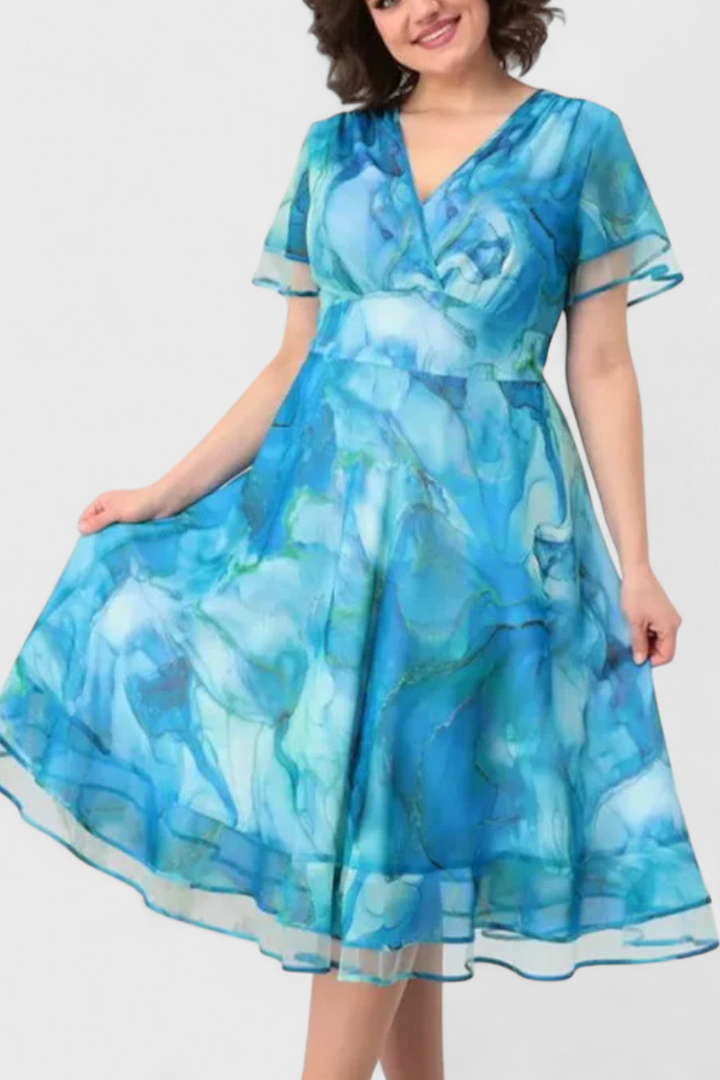 Almira Vestido Azul de Gasa con Estampado Acuarela