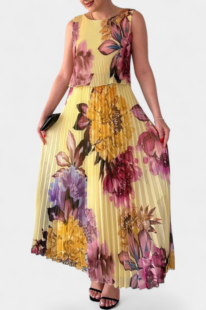 Shaya Vestido Largo de Gasa Plisada con Estampado