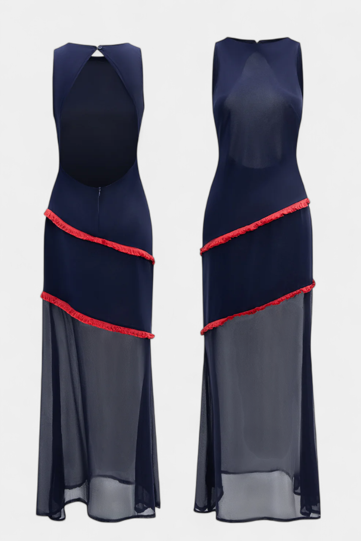 Orfila Vestido Midi Bodycon con Gasa y Flecos a Contraste