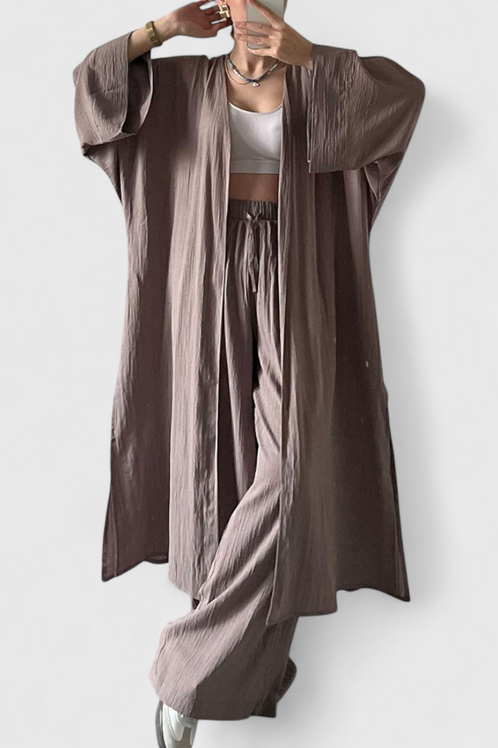 Suella Conjunto Casual de Dos Piezas con Cárdigan Largo y Abertura Lateral