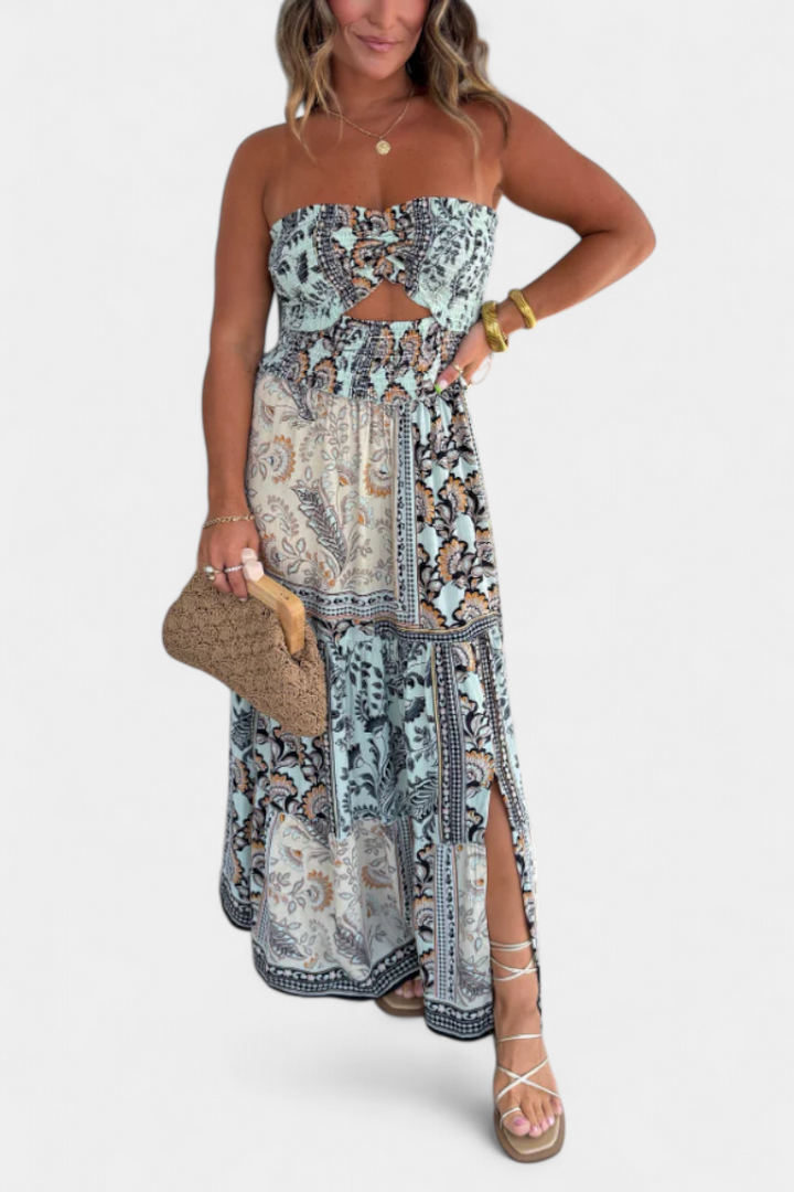 Edurne Vestido Largo Estampado con Escote Palabra de Honor