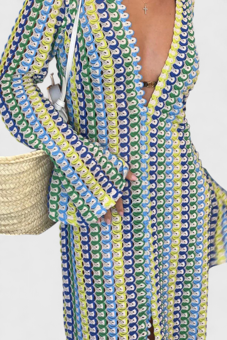 Crisanta Vestido Largo Estampado con Ondas Multicolores y Manga Larga