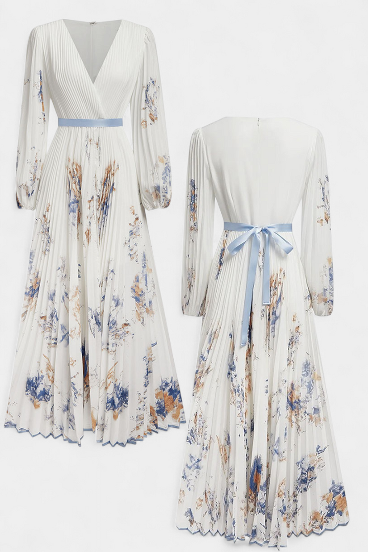 Phaedra Vestido Largo de Gasa Plisada con Mangas Globo