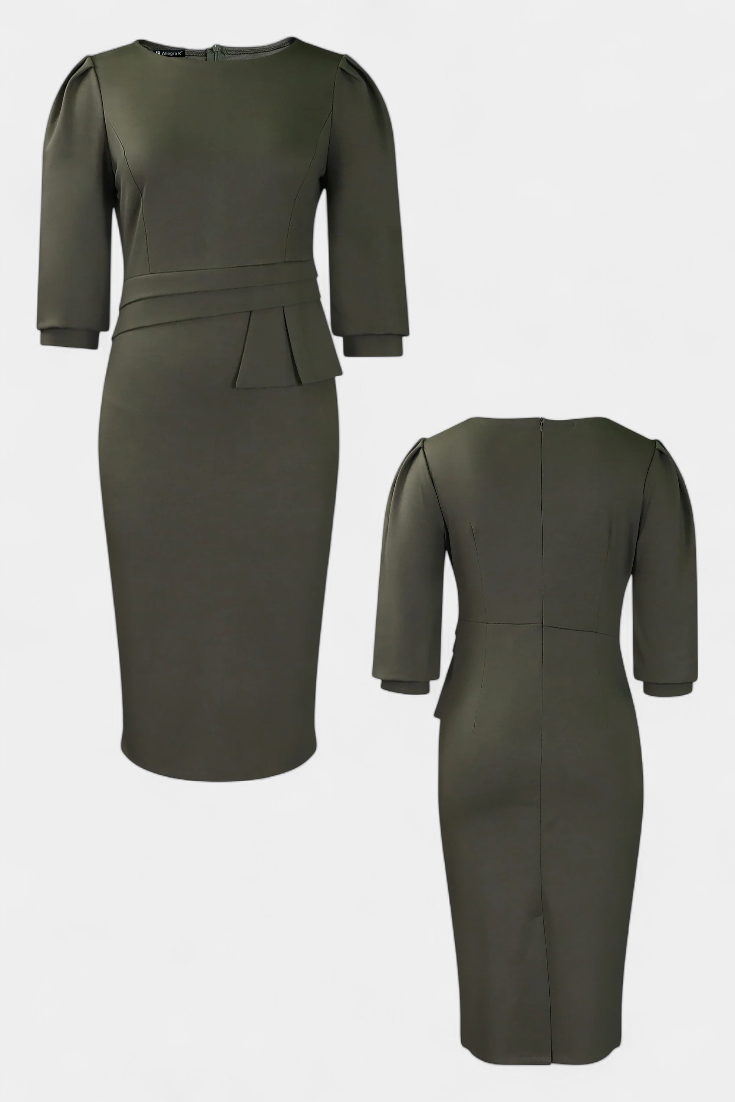 Reanna Vestido Midi Ajustado con Mangas Abullonadas