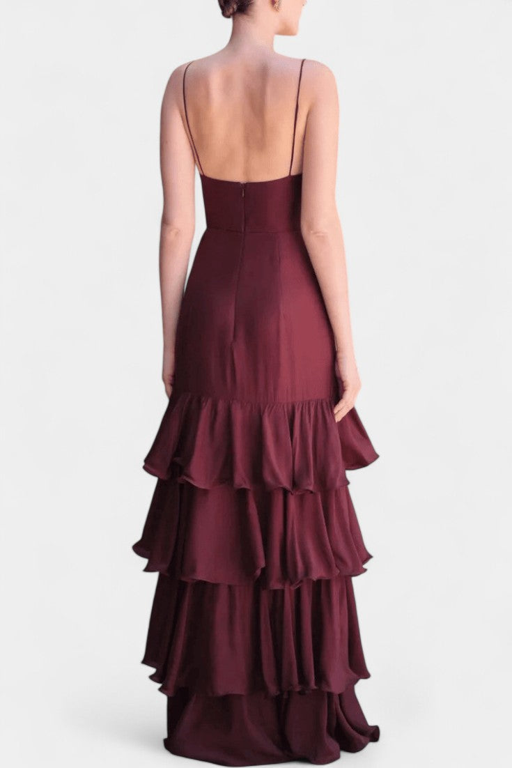 Atlana Vestido Maxi Burdeos con Volantes en Capas