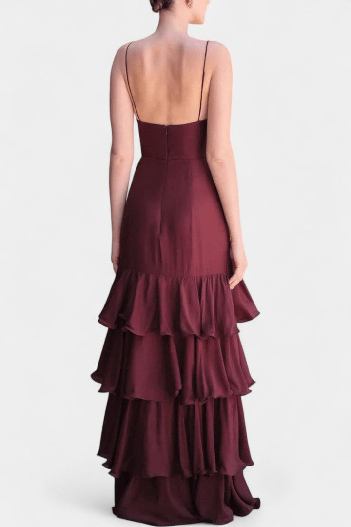 Atlana Vestido Maxi Burdeos con Volantes en Capas