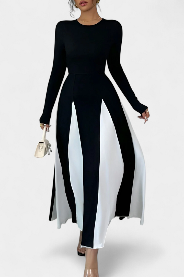 Veronique Vestido Maxi de Manga Larga en Contraste de Color