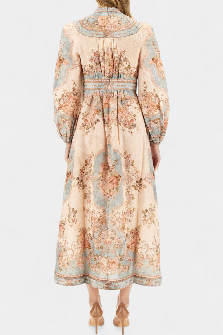 Dorotila Vestido Maxi Acampanado con Estampado Floral, Botones y Mangas Globo