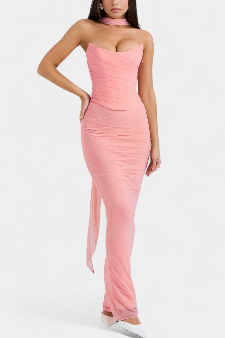 Blair Vestido Maxi de Malla con Corsé Fruncido