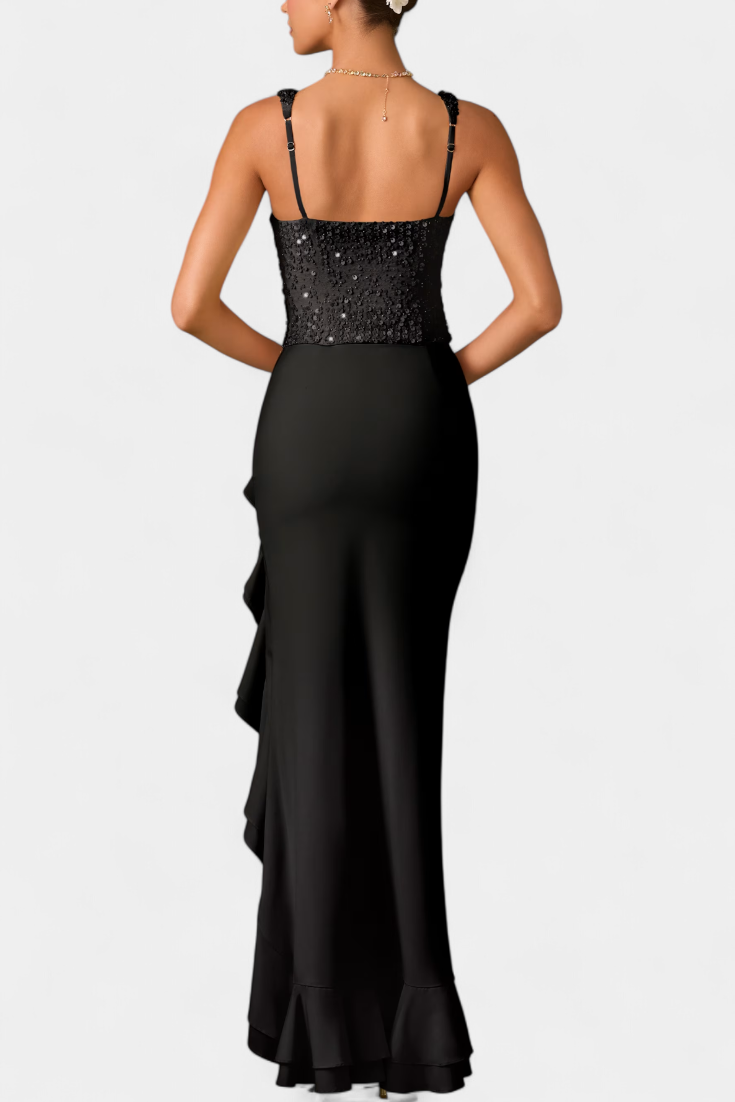 Cindy Vestido Midi Corsé con Volantes Asimétricos