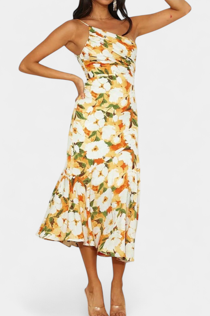 Reya Vestido Asimétrico de Un Hombro con Estampado Floral