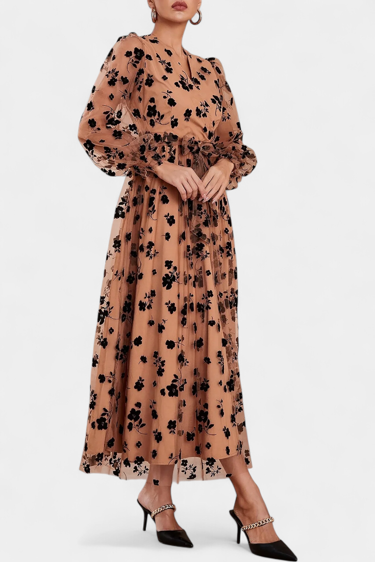 Iolanda Vestido Maxi de Encaje Floral con Mangas de Linterna